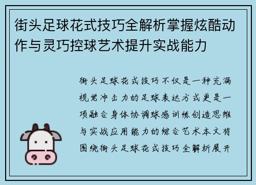 街头足球花式技巧全解析掌握炫酷动作与灵巧控球艺术提升实战能力